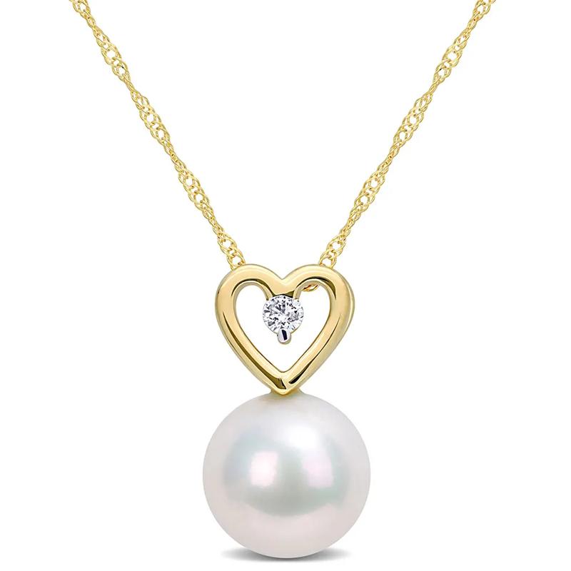 Single Pearl Necklace with Heart &amp; Diamond Accent in 10K Yellow Gold – Image 1 of 4