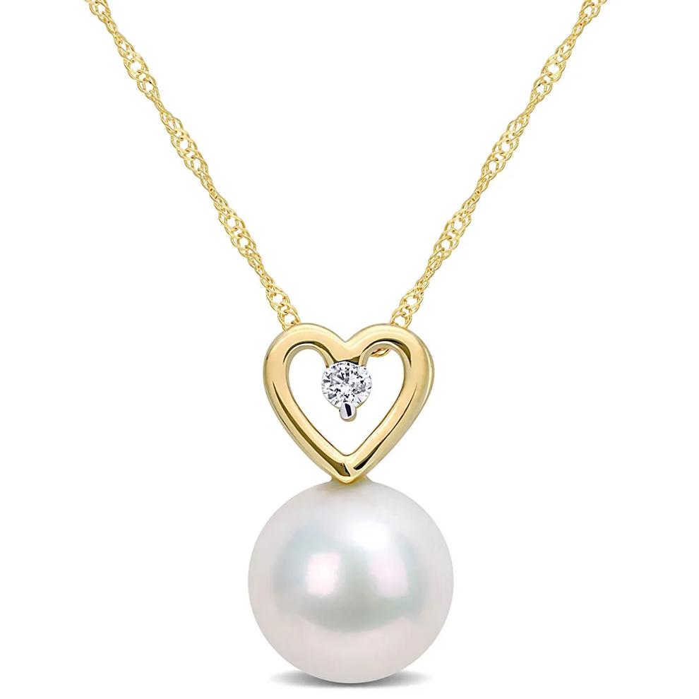 Single Pearl Necklace with Heart &amp; Diamond Accent in 10K Yellow Gold – Image 1 of 4