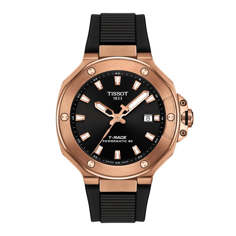 Men&#39;s T-Race Powermatic 80 Watch in Black Silicone and Rose Gold Tone Stainless Steel, 41MM – Image 1 of 6