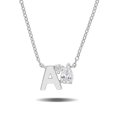 Lab-Created White Sapphire Initial Pendant Necklace in Sterling Silver