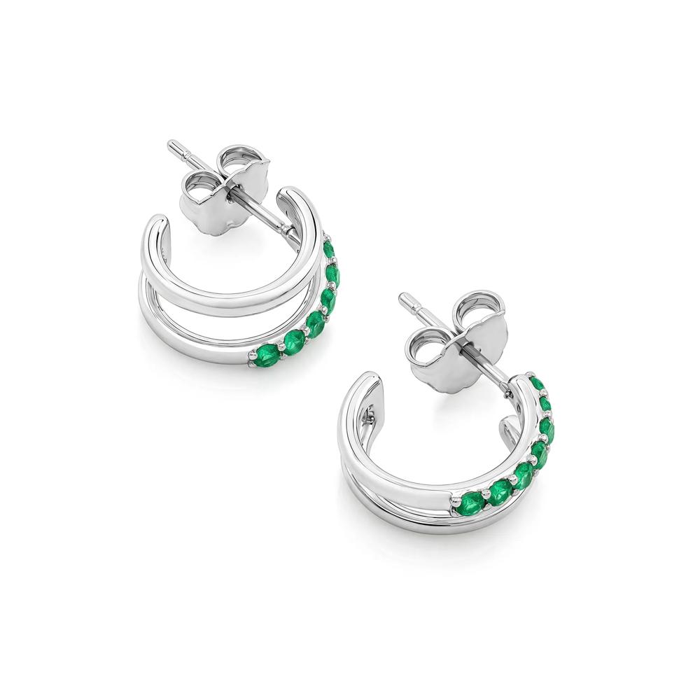 Lab-Created Emerald Double Row Huggie Hoop Earrings in Sterling Silver – Image 2 of 2