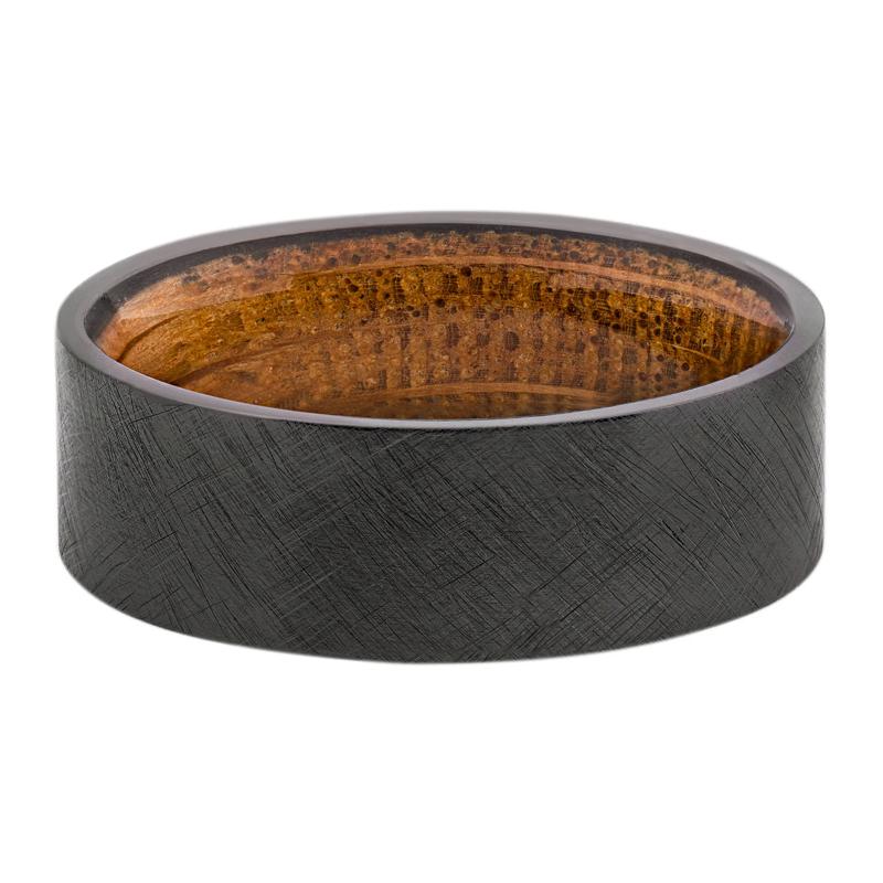 Men&#39;s Flat Band with Whiskey Barrel Wood Interior in Zirconium, 8MM – Image 1 of 3
