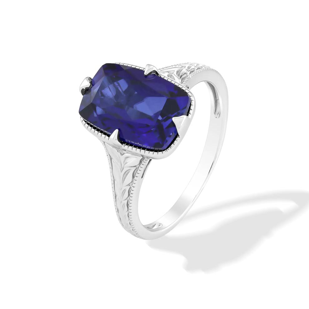 Lab-Created Blue Sapphire Engraved Ring in Sterling Silver – Image 4 of 4