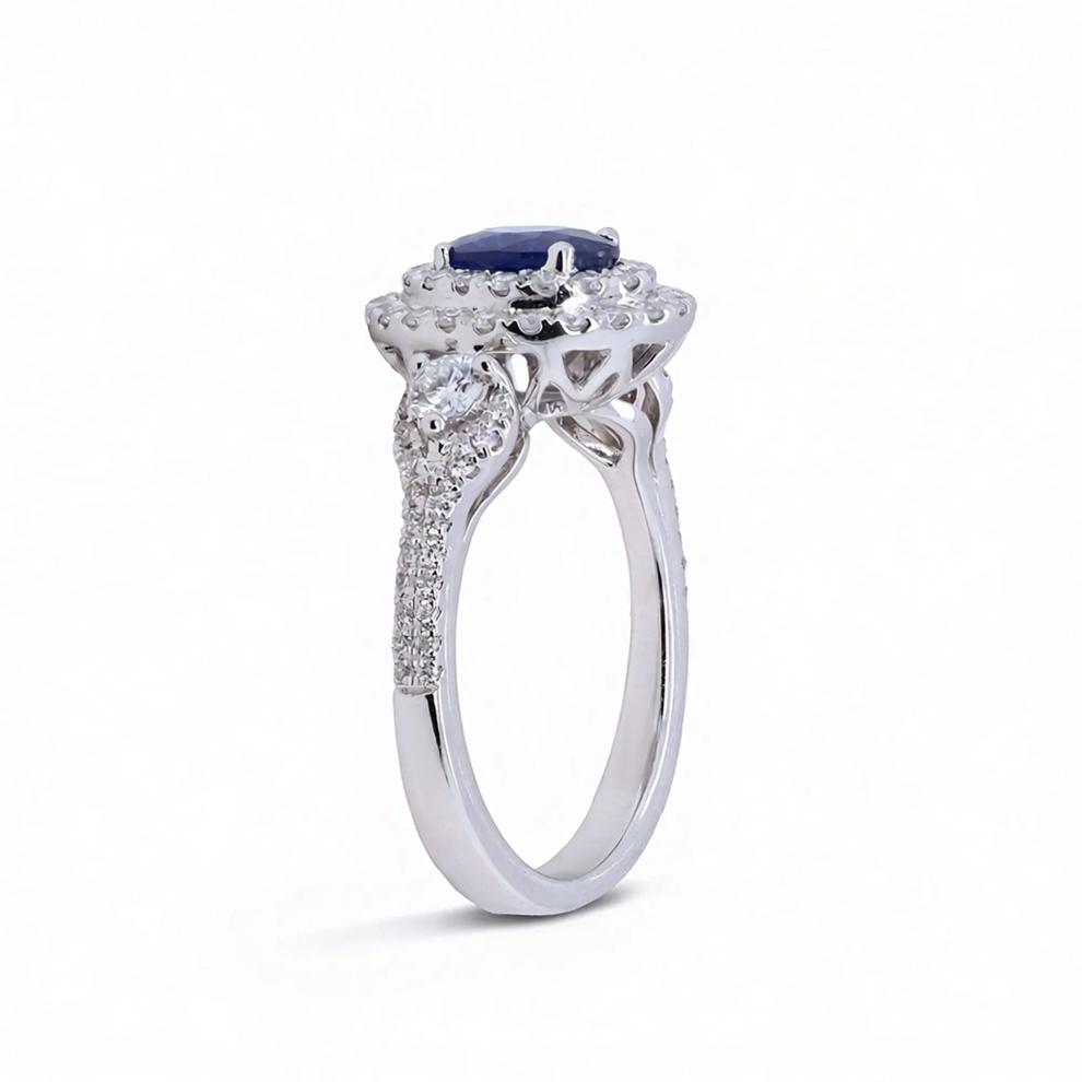 Blue Sapphire &amp; Diamond Double Halo Ring in 18K White Gold (3/4 ct. tw.) – Image 2 of 5