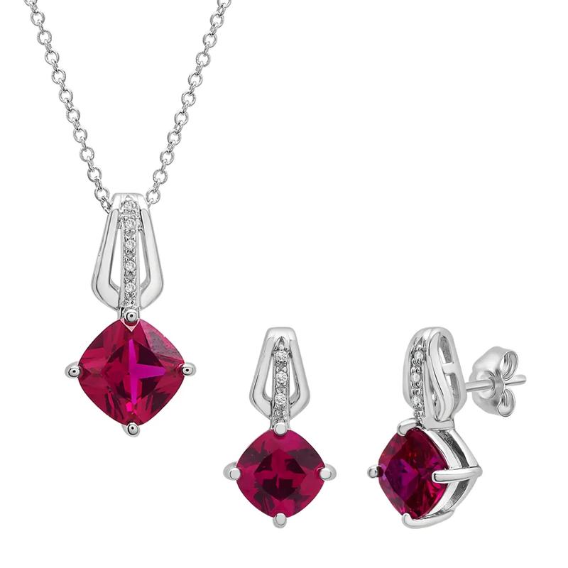 Lab Created Ruby &amp; Diamond Pendant &amp; Earring Boxed Set in Sterling Silver – Image 1 of 6