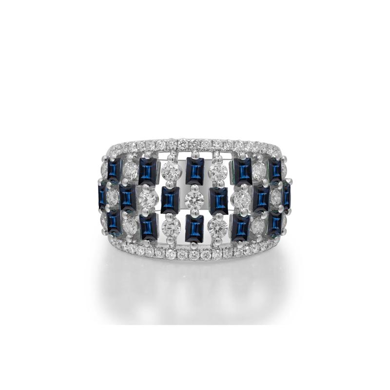 Blue Sapphire and Diamond Checkerboard Ring in 14K White Gold &#40;1 ct. tw.&#41; – Image 1 of 5