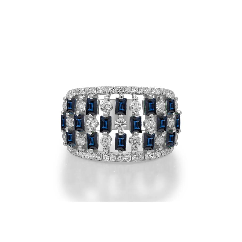 Blue Sapphire and Diamond Checkerboard Ring in 14K White Gold (1 ct. tw.) – Image 1 of 5