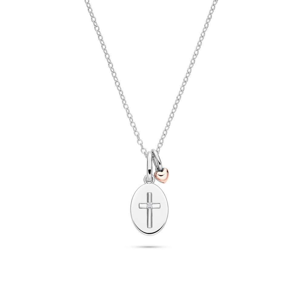 Lab Grown Diamond Accent Cross Medallion Pendant in Sterling Silver &amp; 10K Rose Gold – Image 1 of 5