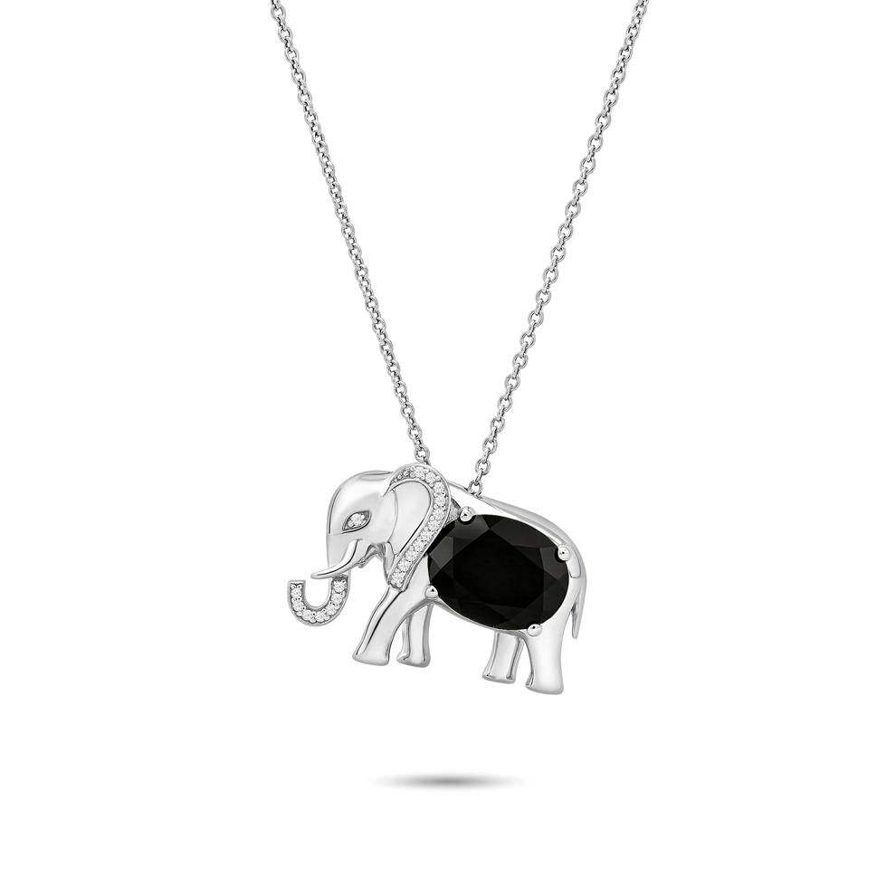 Onyx &amp; Diamond Accent Elephant Pendant Necklace in Sterling Silver – Image 1 of 4