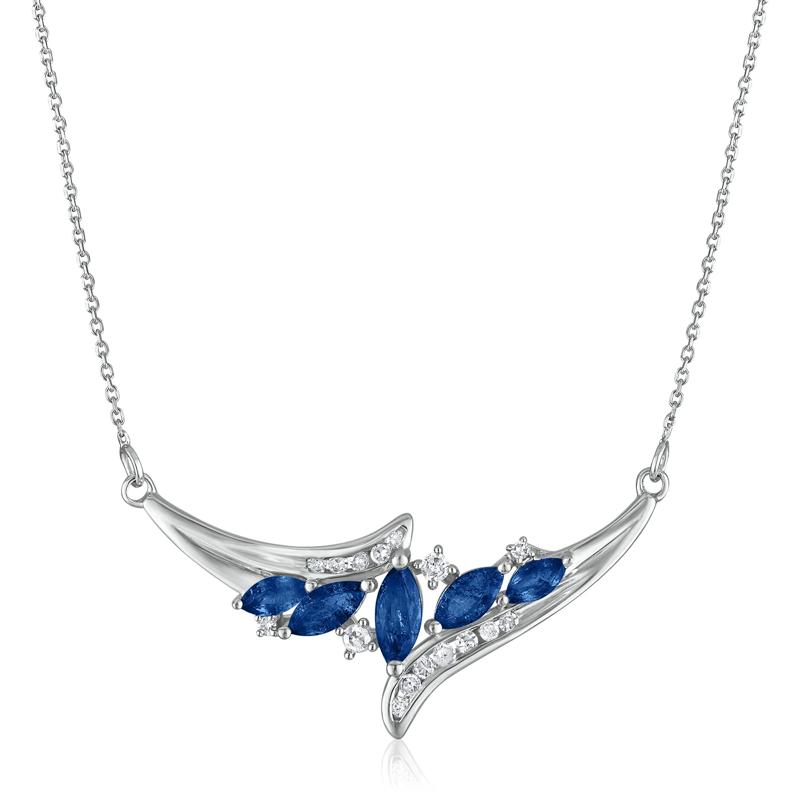 Diamond and Marquise Blue Sapphire Necklace in 14K White Gold, 1/7 ct. tw – Image 1 of 3