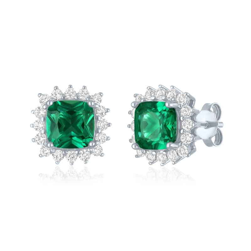 Lab-Created Emerald &amp; Lab-Created White Sapphire Starburst Halo Stud Earrings in Sterling Silver – Image 1 of 1