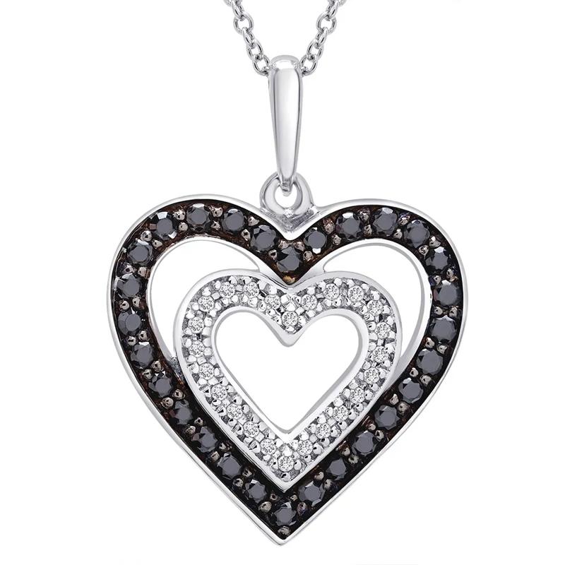 Double Heart Pendant with Black &amp; White Diamonds in Sterling Silver &#40;1/3 ct. tw.&#41; – Image 1 of 3