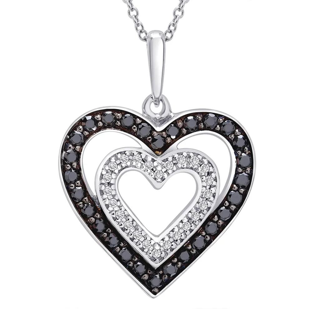 Double Heart Pendant with Black &amp; White Diamonds in Sterling Silver (1/3 ct. tw.) – Image 1 of 3