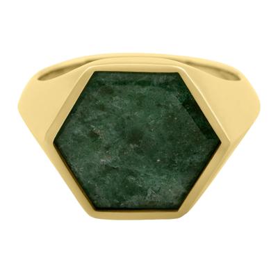 Hexagon Signet Ring with Aventurine Inlay in 14K Yellow Gold