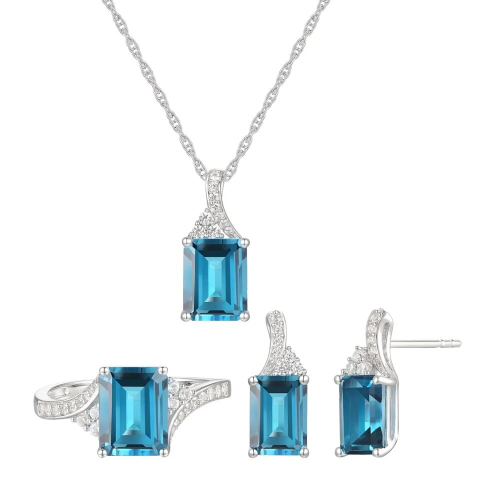 Emerald-Cut Blue Topaz Earrings, Pendant and Ring Set – Image 1 of 8
