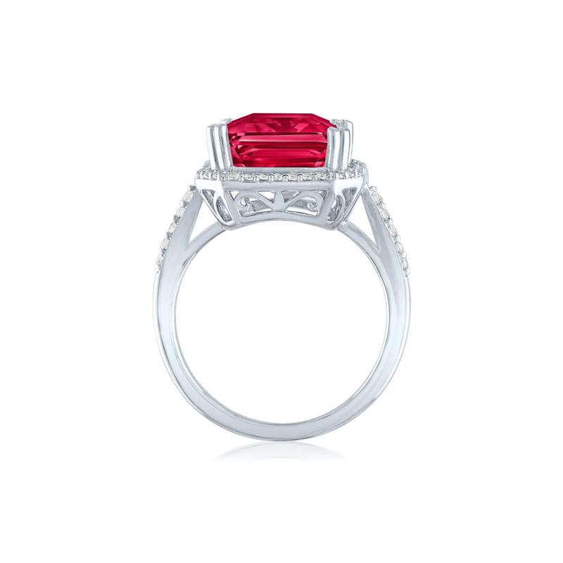 Lab-Created Ruby and Lab-Created White Sapphire Halo Cocktail Ring in Sterling Silver – Image 2 of 3