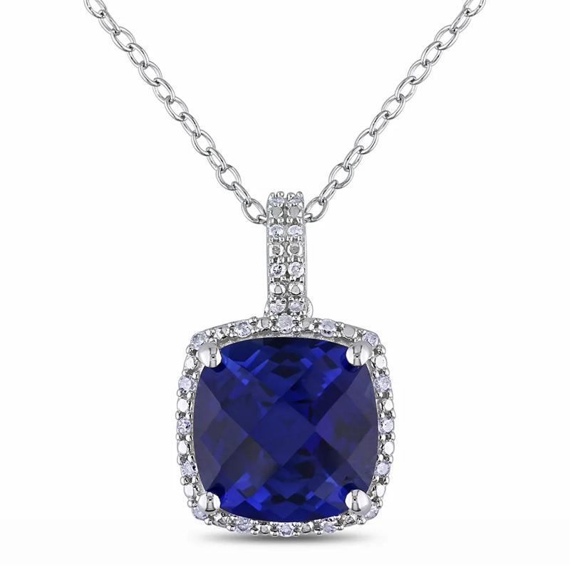 Lab Created Blue Sapphire &amp; Diamond Pendant in Sterling Silver – Image 1 of 3
