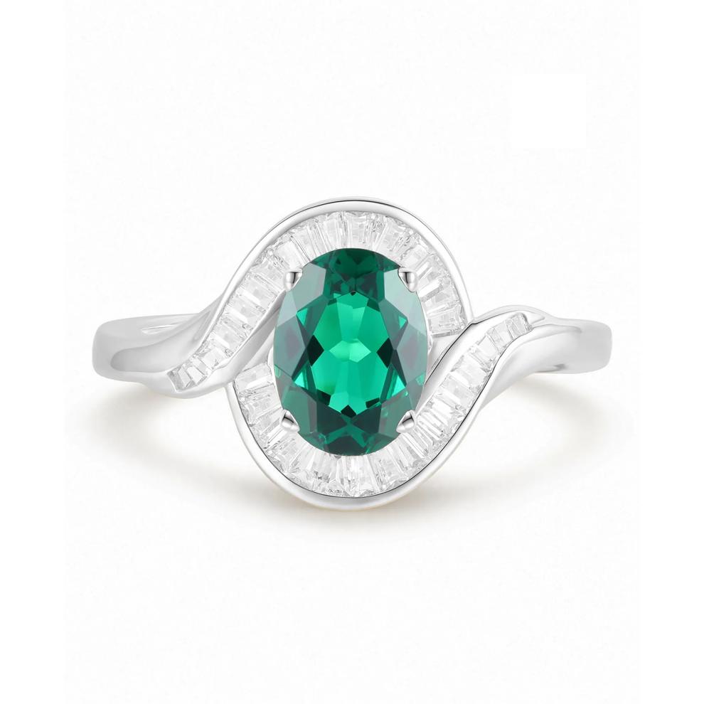 Lab-Created Emerald &amp; Lab-Created White Sapphire Oval Center Ring in Sterling Silver – Image 1 of 4