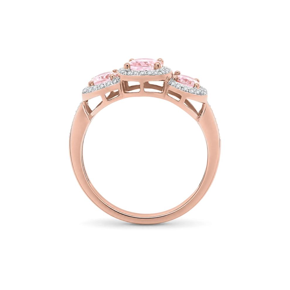 Morganite &amp; Diamond Three-Stone Halo Ring in 10K Rose Gold (1/10 ct. tw.) – Image 2 of 4