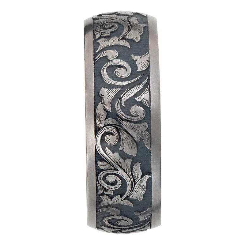 Men&rsquo;s Scroll Wedding Band with Black Cerakote in Tantalum, 8mm – Image 3 of 4