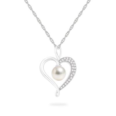 Freshwater Cultured Pearl & Lab-Created White Sapphire Heart Pendant Necklace in Sterling Silver