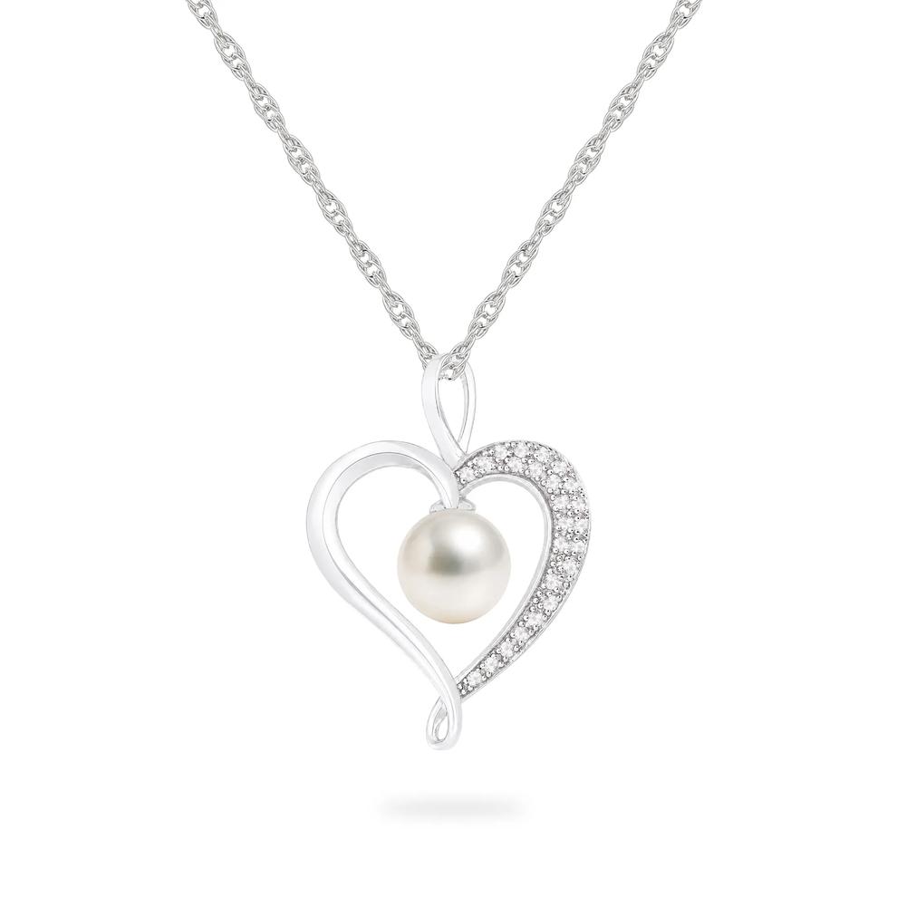 Freshwater Cultured Pearl &amp; Lab-Created White Sapphire Heart Pendant Necklace in Sterling Silver – Image 1 of 4