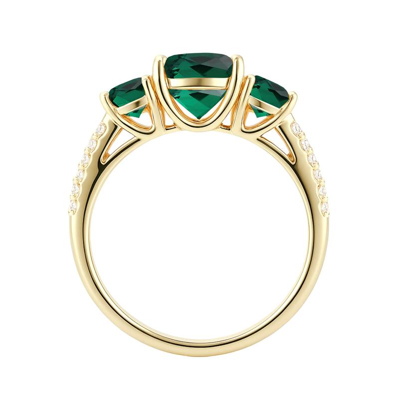 Lab-Created Emerald &amp; Diamond Three-Stone Ring in 10K Yellow Gold (1/10 ct. tw.) – Image 2 of 3