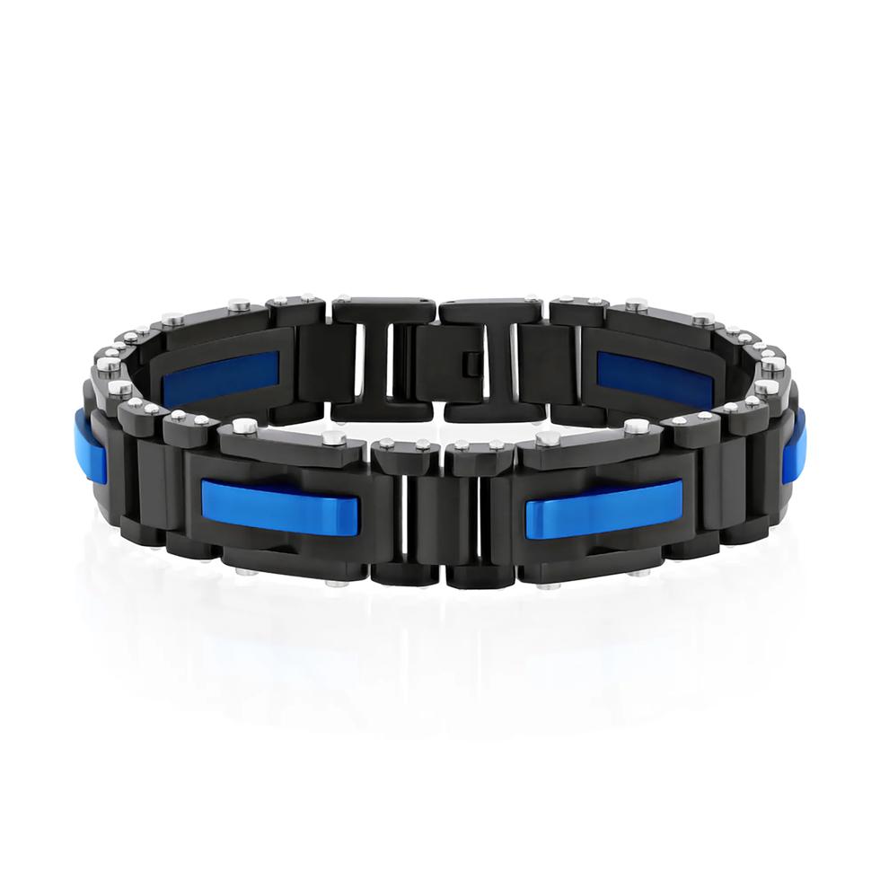 Men's Link Bracelet in Black &amp; Blue PVD-Plated Stainless Steel, 8.5" – Image 1 of 2