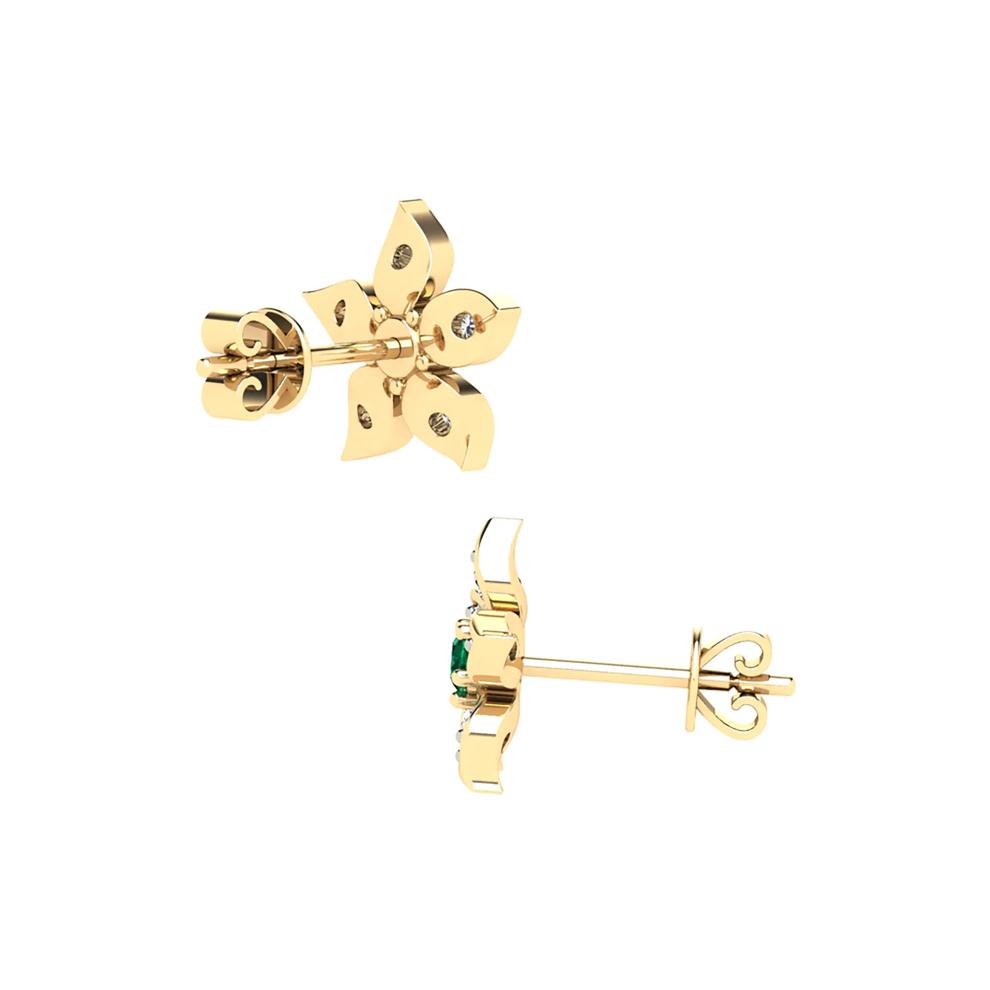 Emerald &amp; Diamond Flower Stud Earrings in 14K Yellow Gold (1/10 ct. tw.) – Image 2 of 2
