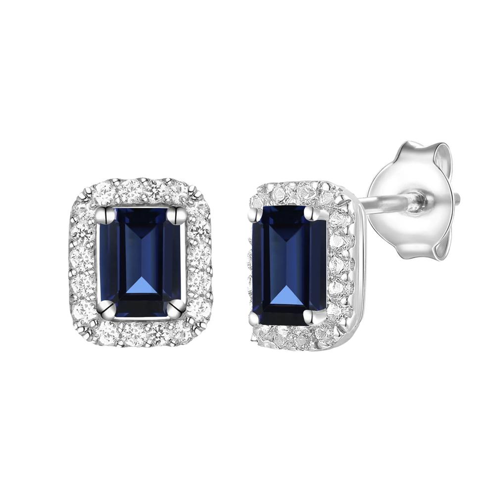 Blue Sapphire &amp; Diamond Halo Stud Earrings in 10K White Gold (1/7 ct. tw.) – Image 1 of 1