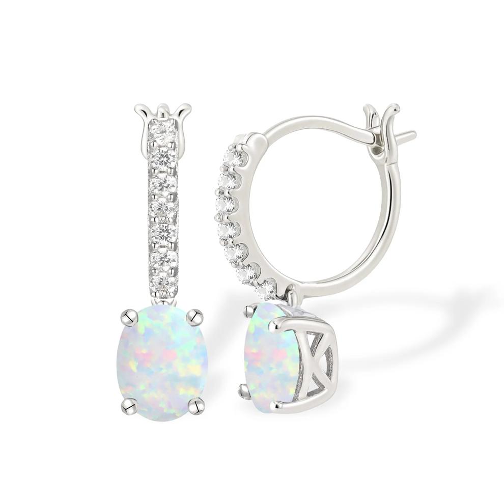 Lab-Created Opal &amp; Lab-Created White Sapphire Drop Hoop Earrings in Sterling Silver – Image 2 of 3