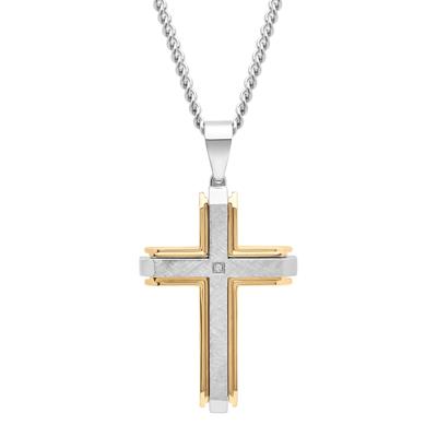 Cross Pendant with Diamond Accent in Stainless Steel and Yellow Ion-Plated Stainless Steel