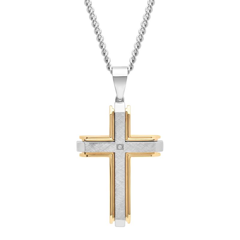 Cross Pendant with Diamond Accent in Stainless Steel and Yellow Ion-Plated Stainless Steel – Image 1 of 3