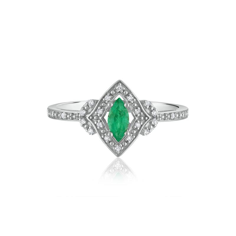 Marquise Emerald &amp; Diamond Ring in 14K White Gold – Image 1 of 3