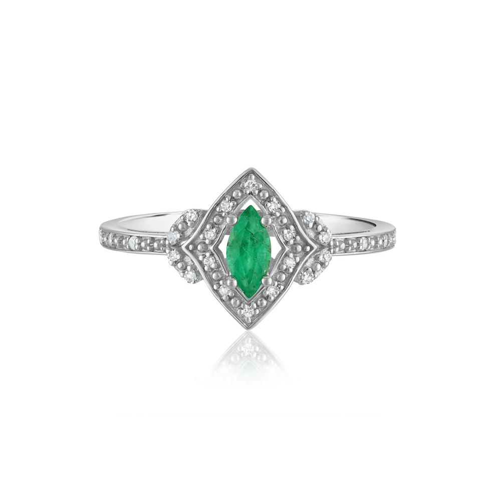 Marquise Emerald &amp; Diamond Ring in 14K White Gold – Image 1 of 3