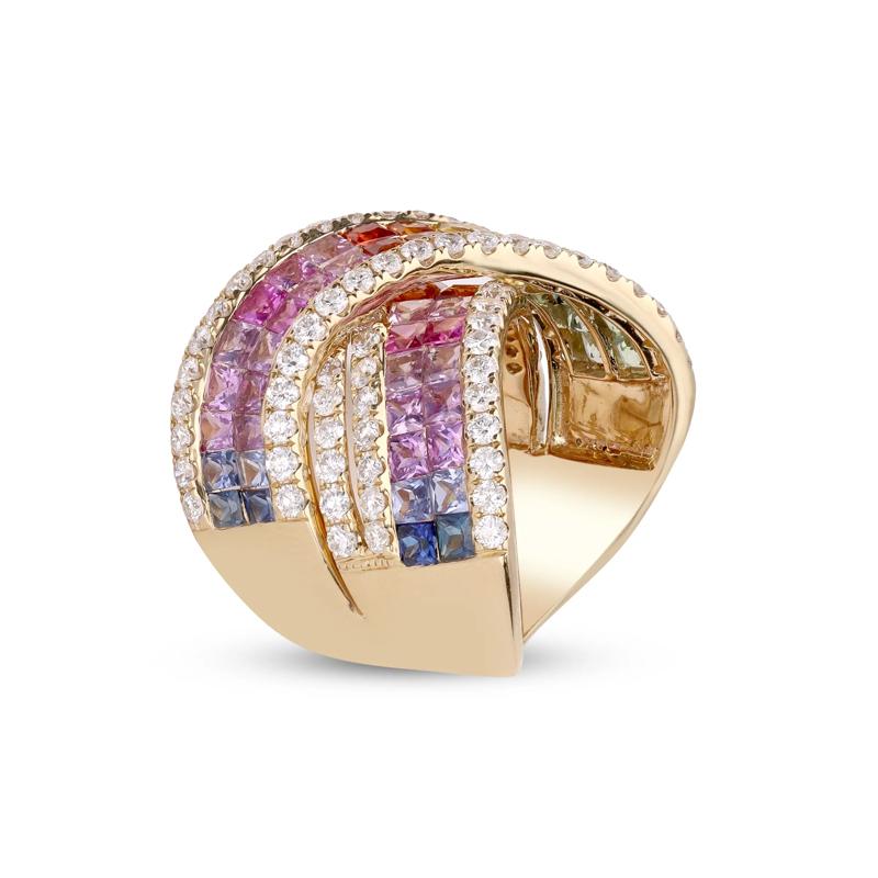 Multi-Colored Square Sapphires &amp; Diamond Ring in 14K Yellow Gold &#40;2 ct. tw.&#41; – Image 4 of 5