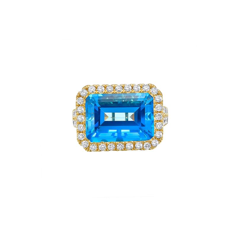 Blue Topaz &amp; Diamond Halo Ring in 14K Yellow Gold &#40;1 ct. tw.&#41; – Image 1 of 3