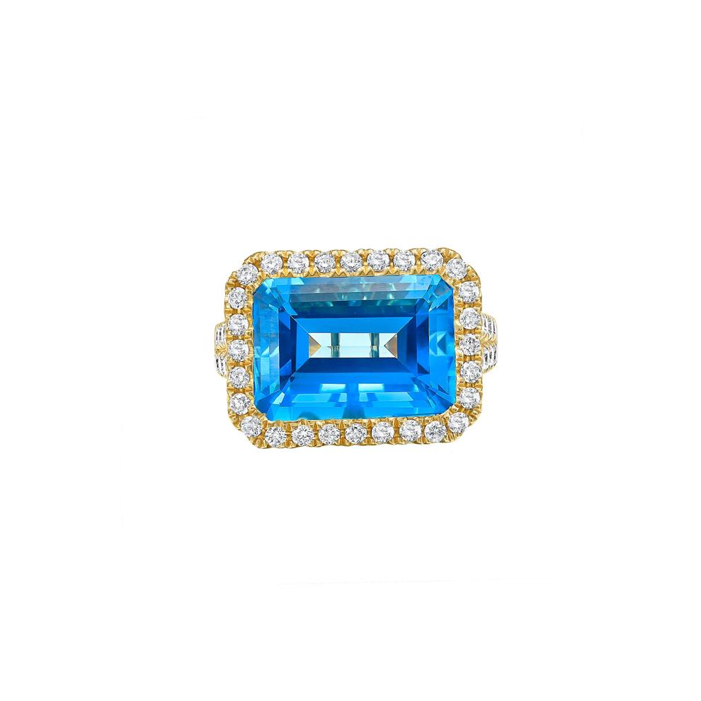 Blue Topaz &amp; Diamond Halo Ring in 14K Yellow Gold (1 ct. tw.) – Image 1 of 3
