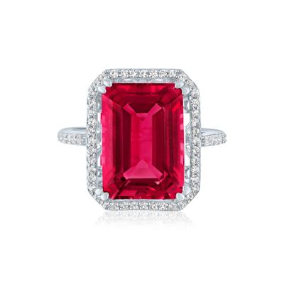 Lab-Created Ruby and Lab-Created White Sapphire Halo Cocktail Ring in Sterling Silver