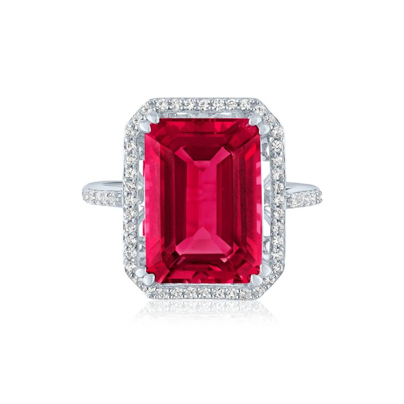 Lab-Created Ruby and Lab-Created White Sapphire Halo Cocktail Ring in Sterling Silver – Image 1 of 3