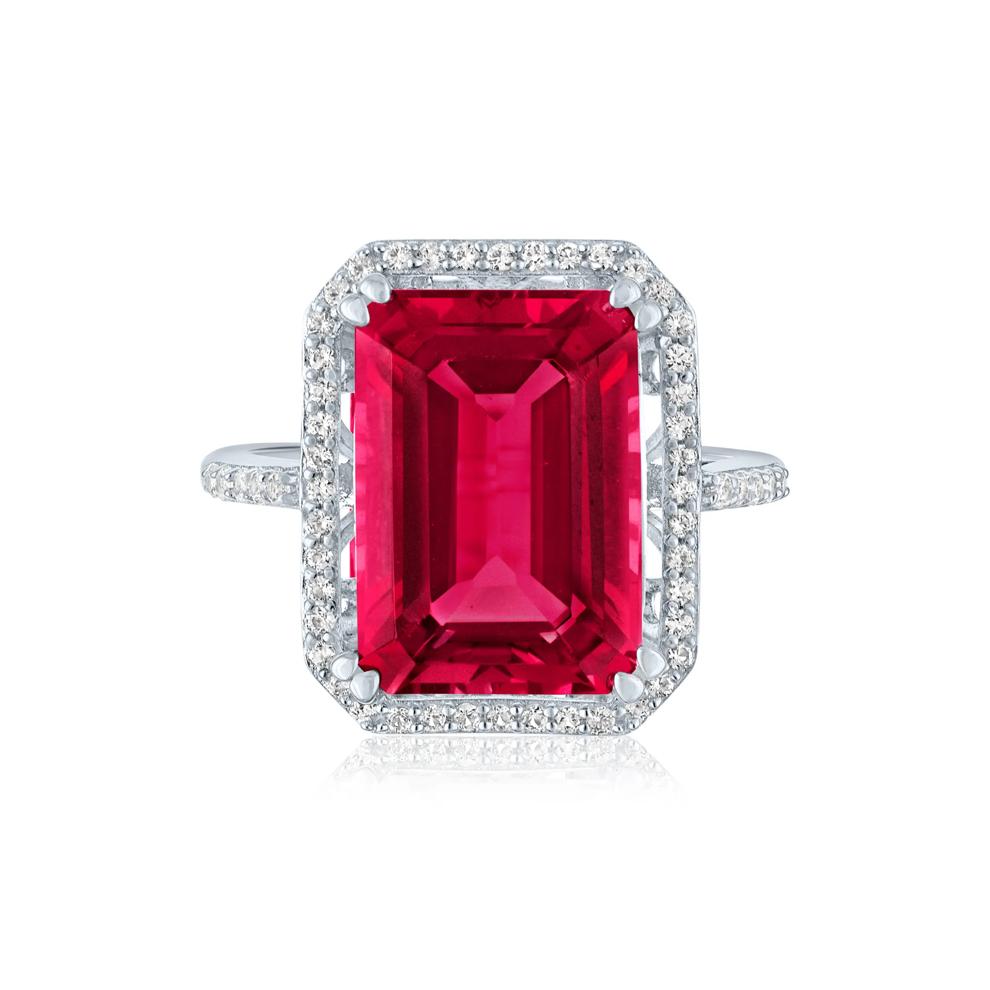 Lab-Created Ruby and Lab-Created White Sapphire Halo Cocktail Ring in Sterling Silver – Image 1 of 3