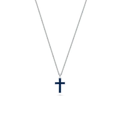 Men's Crushed Blue Sapphire Cross Pendant Necklace in Sterling Silver