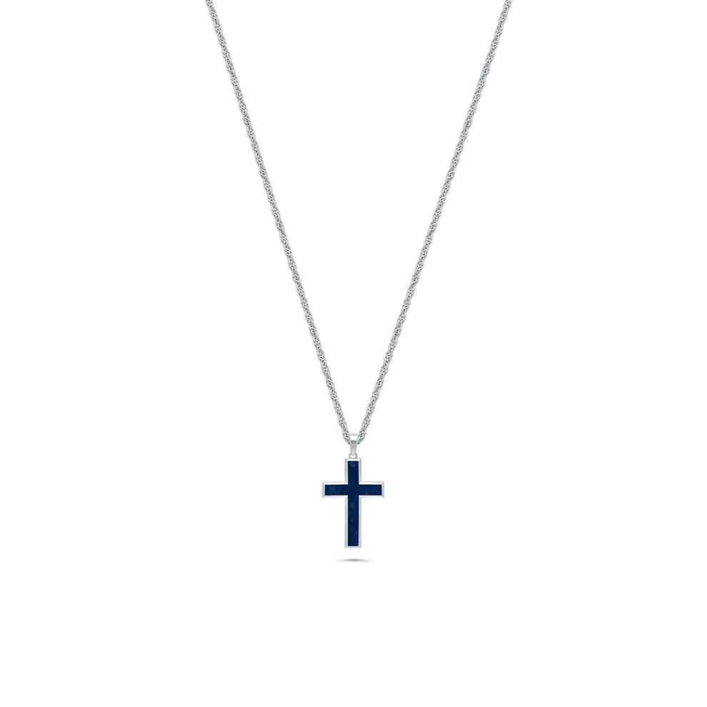 Men's Crushed Blue Sapphire Cross Pendant Necklace in Sterling Silver – Image 1 of 4