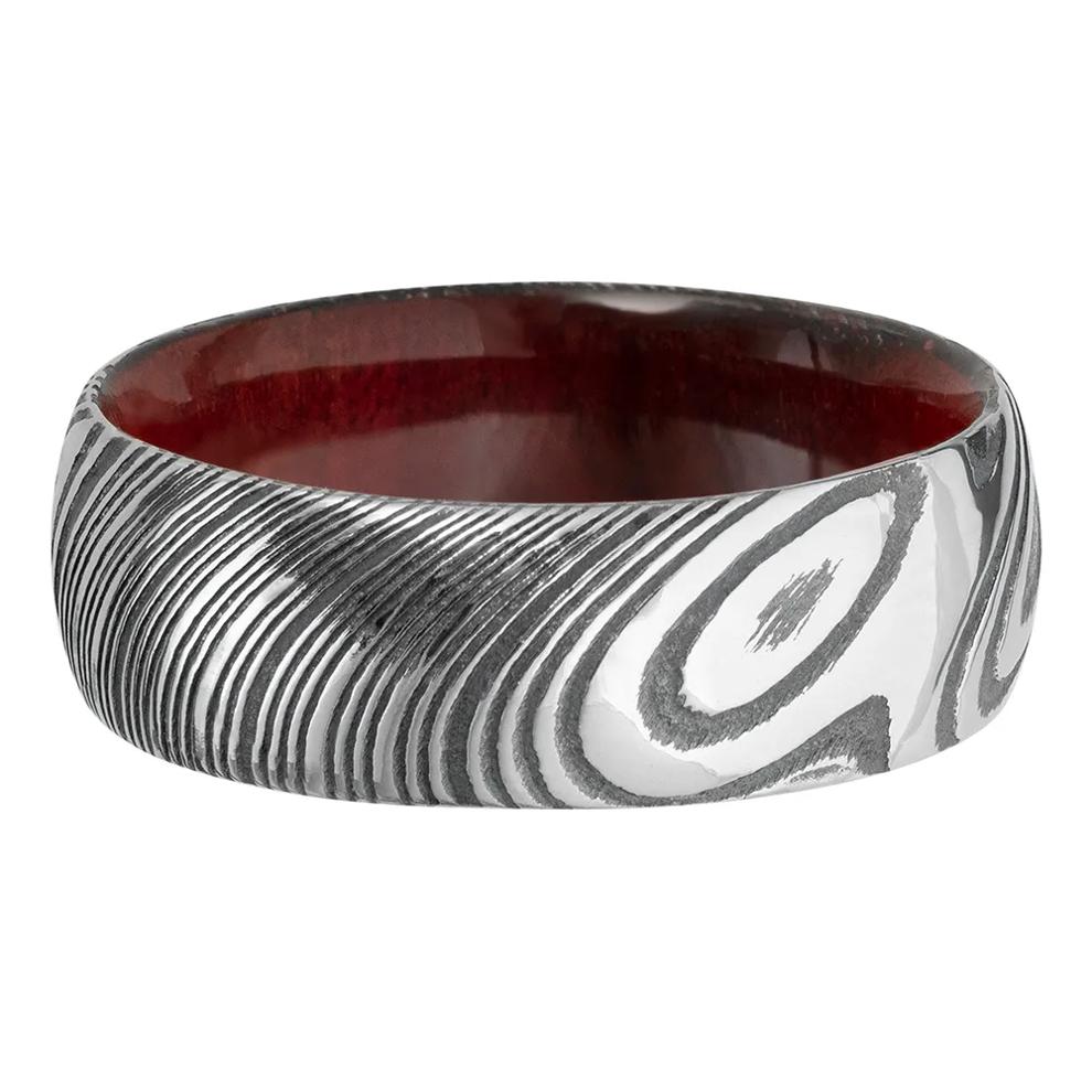 Men&rsquo;s Wedding Band with Wood Sleeve in Damascus Steel, 8mm – Image 4 of 4