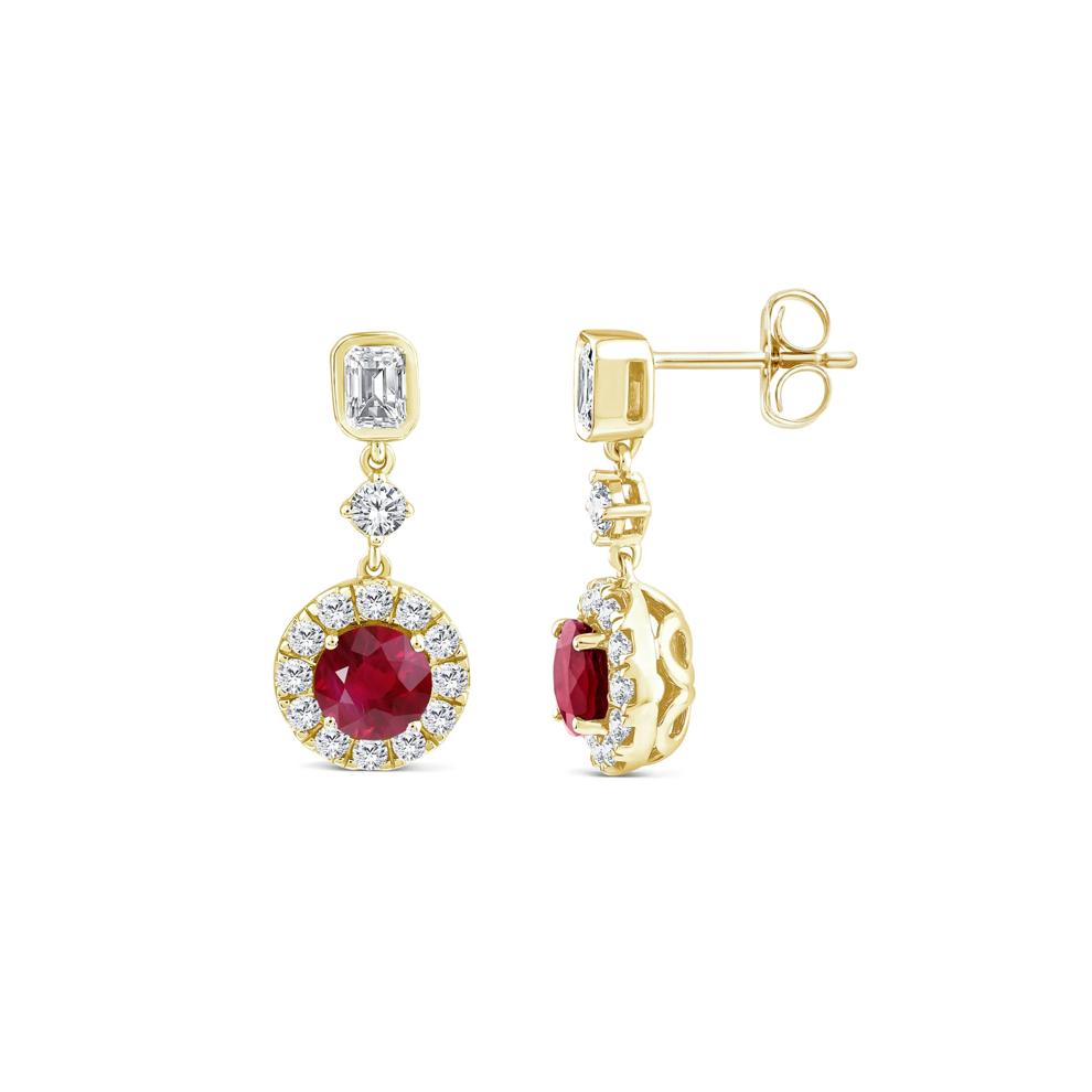Ruby and Diamond Halo Drop Earring in 10K Yellow Gold (3/4 ct. tw.) – Image 2 of 2