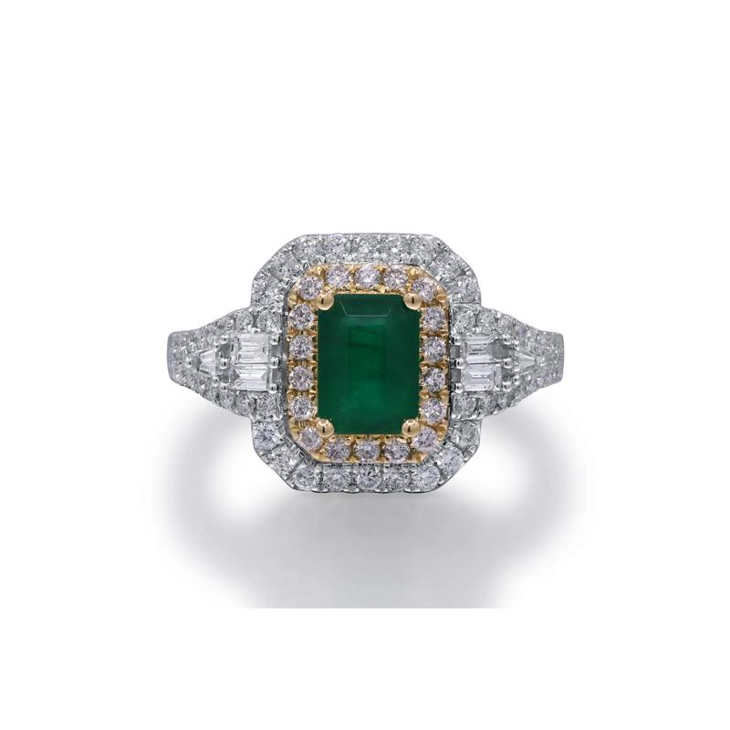 Emerald and Diamond Halo Ring in Two-Tone 14K White &amp; Yellow Gold &#40;3/4 ct. tw.&#41; – Image 5 of 5