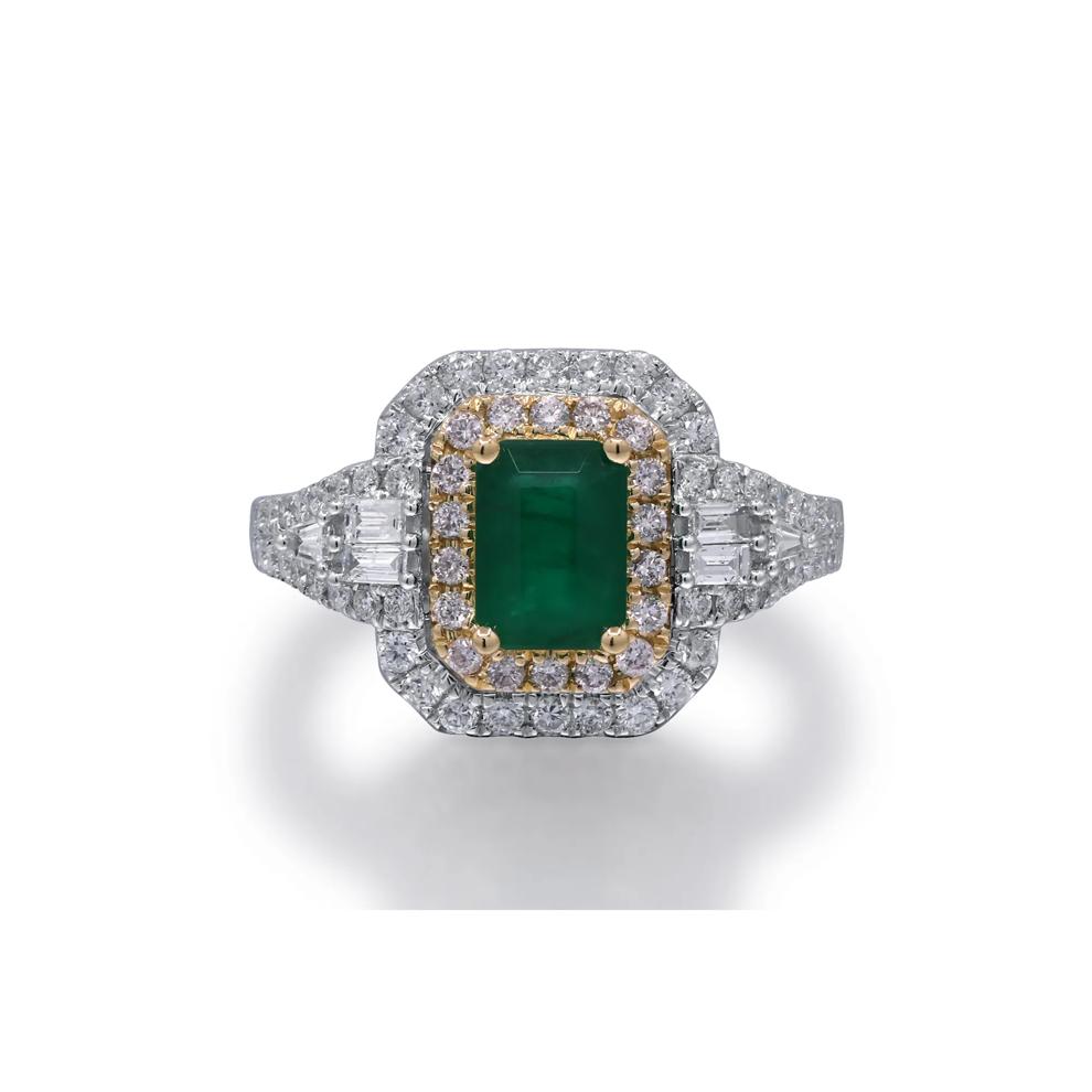 Emerald and Diamond Halo Ring in Two-Tone 14K White &amp; Yellow Gold (3/4 ct. tw.) – Image 5 of 5