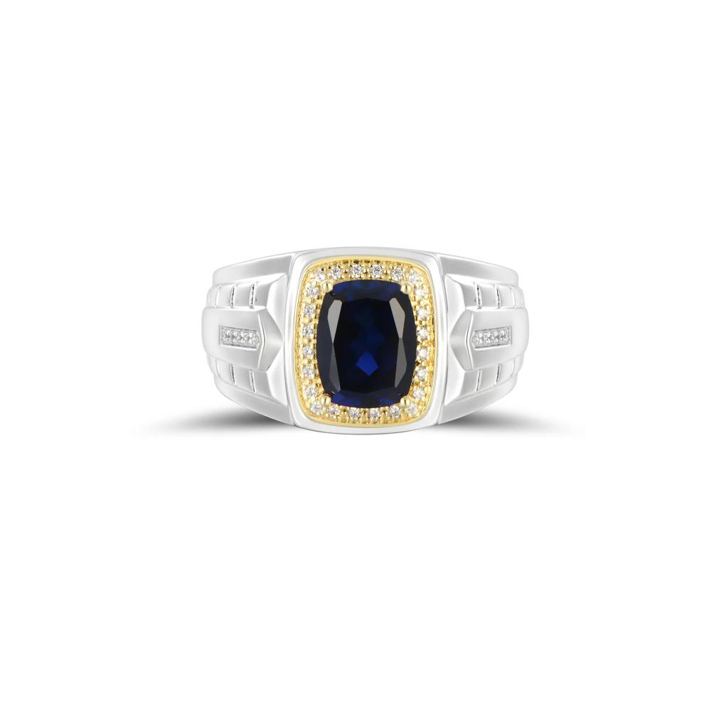 Men's Lab-Created Blue Sapphire and Diamond Ring in Sterling Silver and 10K Yellow Gold (1/8 ct. tw.) – Image 1 of 3