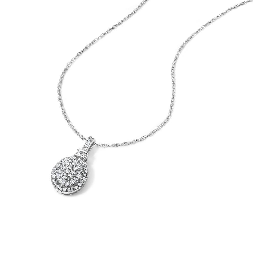 Round &amp; Baguette Diamond Oval Pendant in 10K White Gold (1/4 ct. tw.) – Image 4 of 4