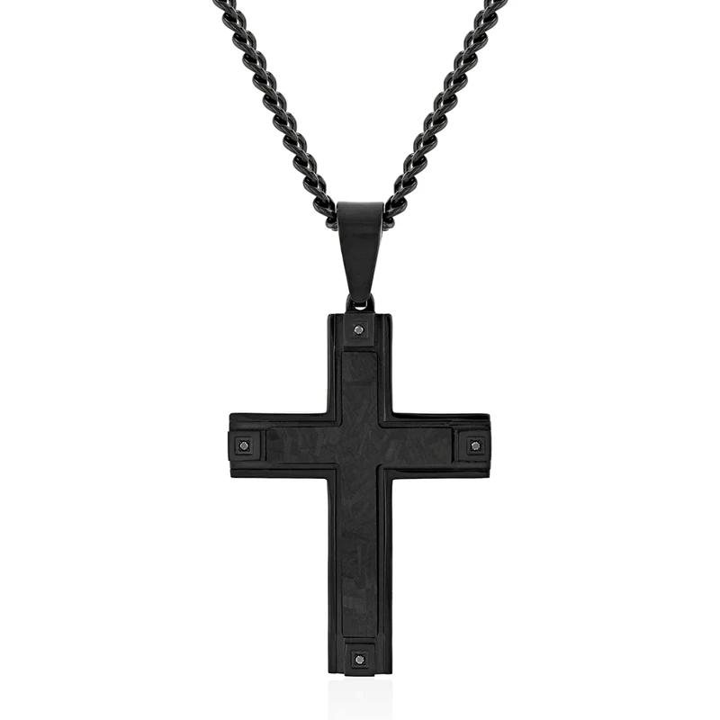 Men&rsquo;s Black Diamond Cross Pendant in Black Carbon Fiber &amp; Black Stainless Steel – Image 1 of 3